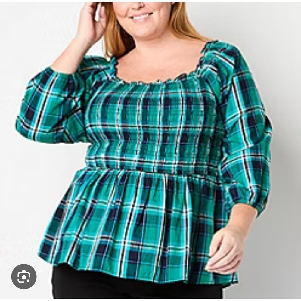 NWT St. Johns Bay Square Neck Plaid Cinched Blouse Womens Sz 2X Blue Green Boho‎